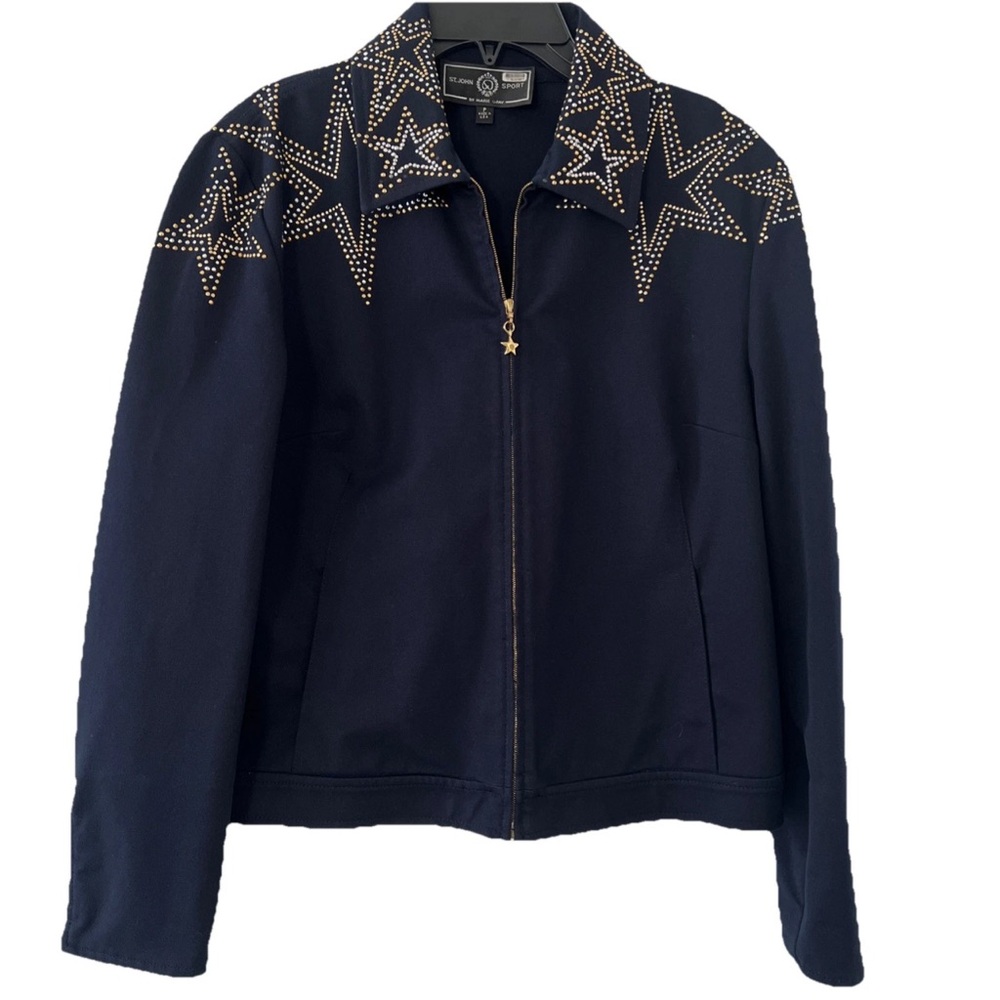 St. John Sport By Marie Gray Rhinestone Star Jacket Navy Zip Designer Women P
